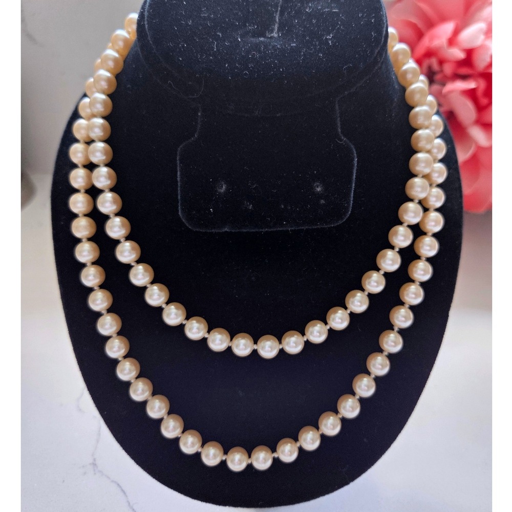 VTG Hand Knotted Faux Champagne Pearl Long Strand Necklace Gold Tone Clasp